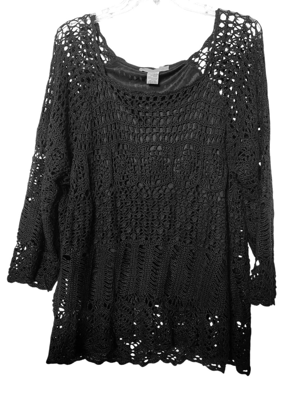 Bandolino Women's Black Crochet Knit Long Sleeve Pullover Top